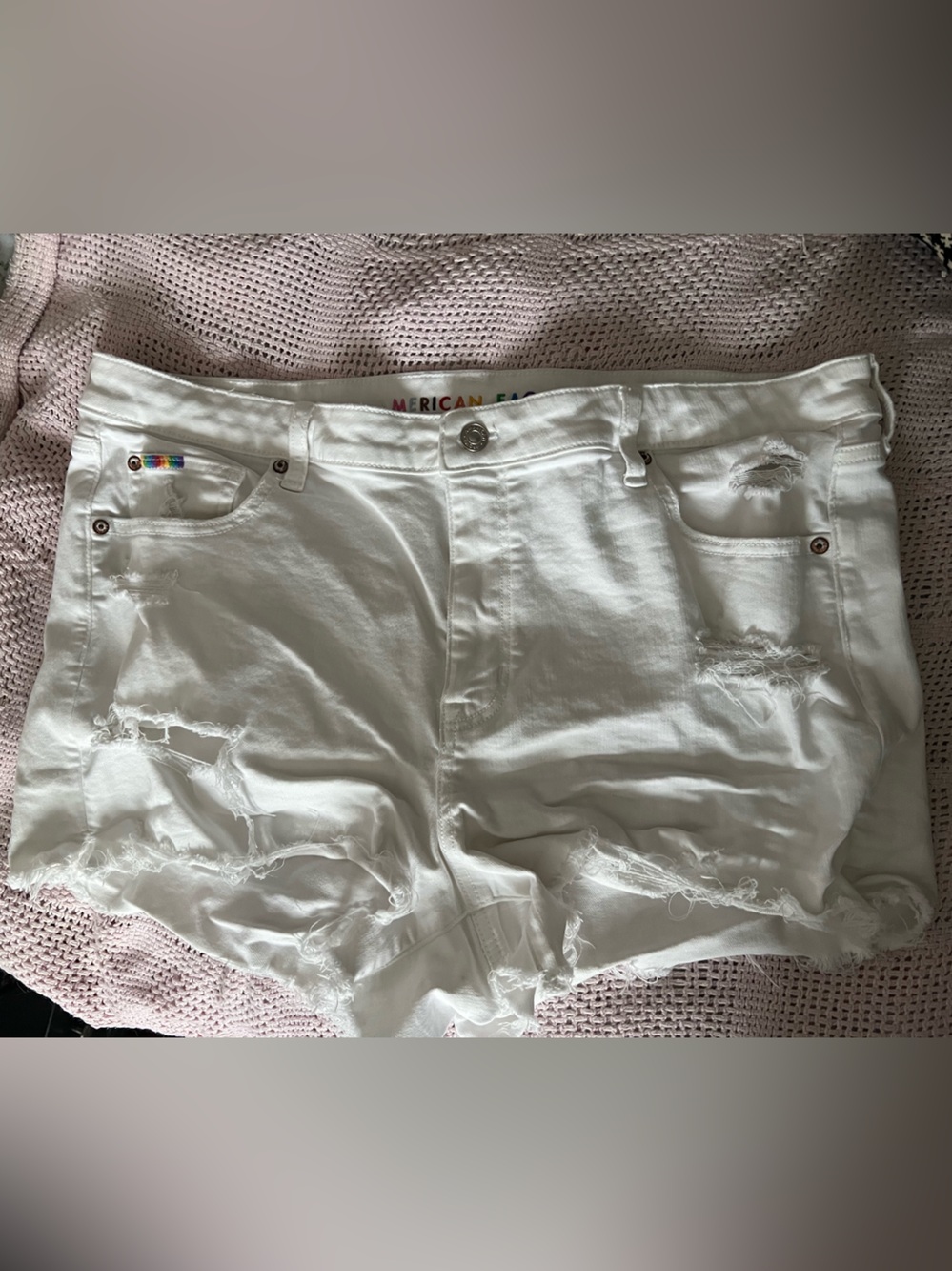 American Eagle White Distressed Next Level Stretch Pride Rainbow Shorts 18